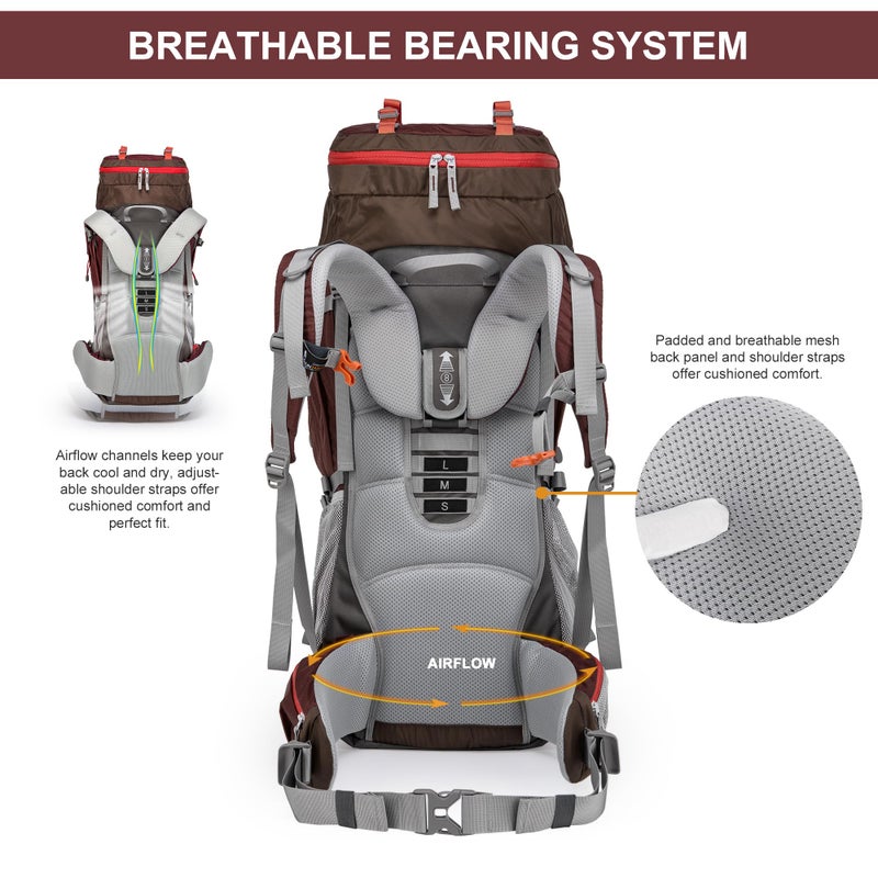 MOUNTAINTOP 70L Internal Frame Backpack Camping Backpacking Hiking Backpack for Men Women with Rain Cover,Maroon - Image 5